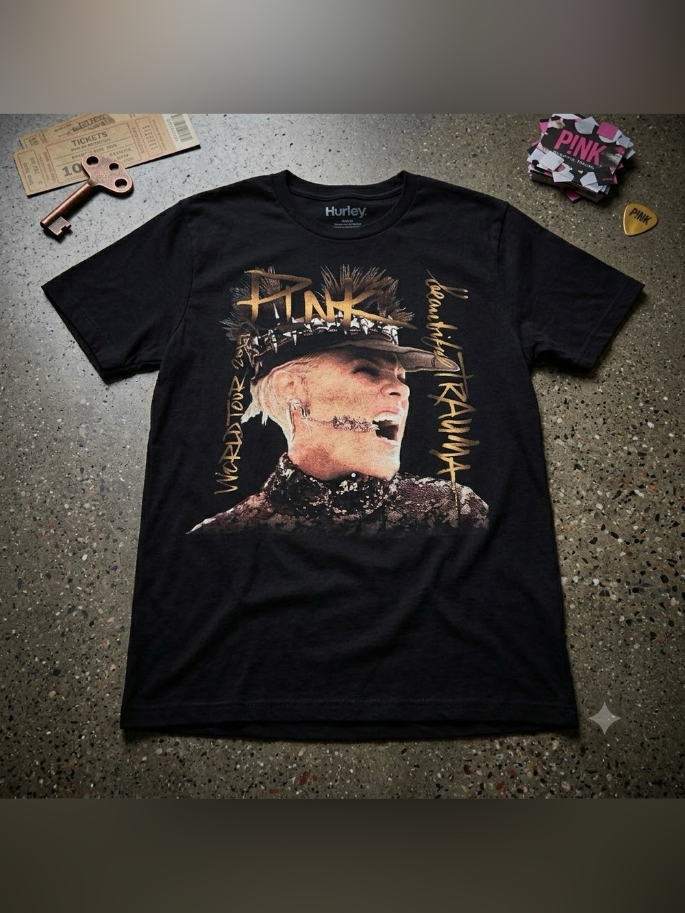Hurley Black Graphic Tee with Gold Print